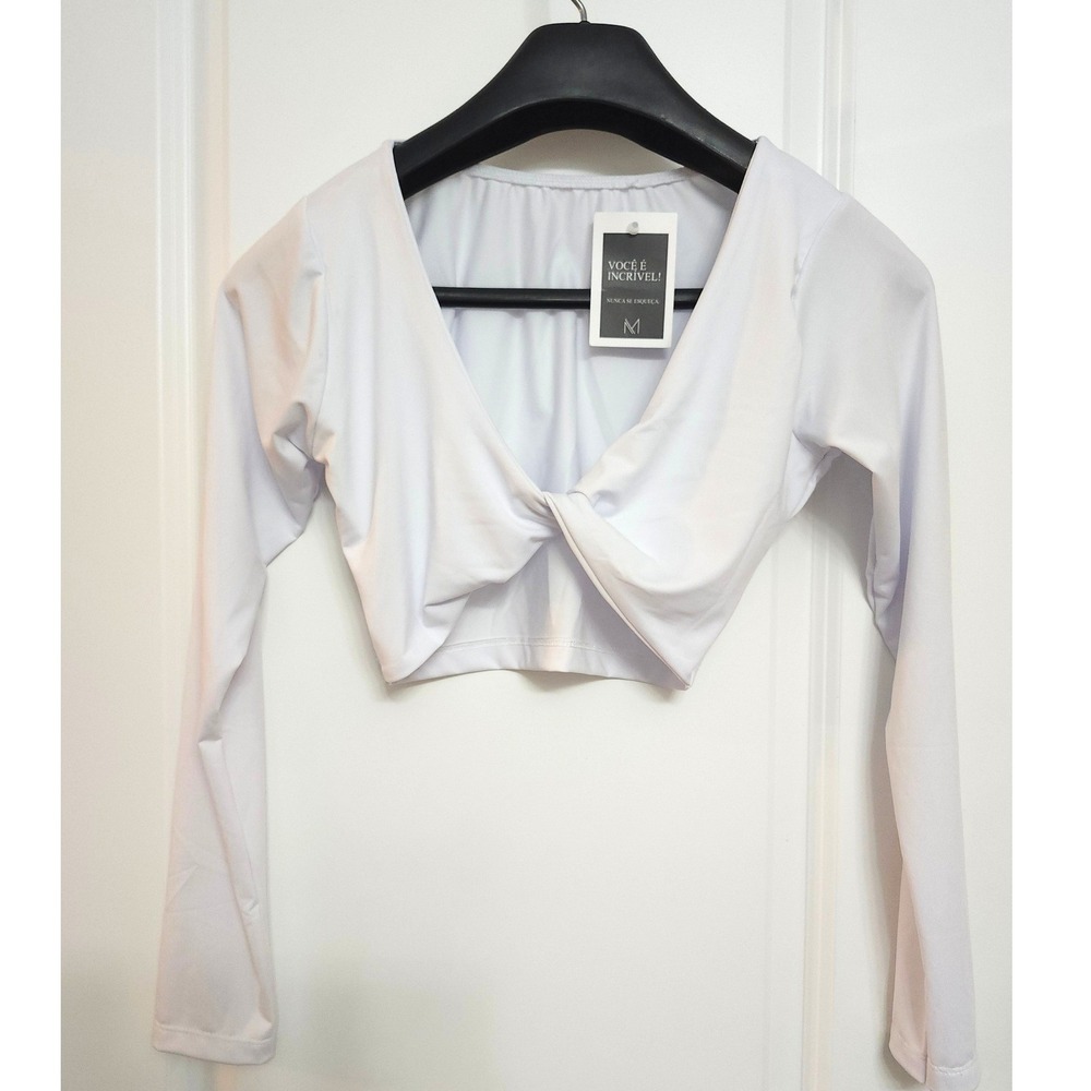 Womens White Long Sleeve Twist Front Crop Top M
